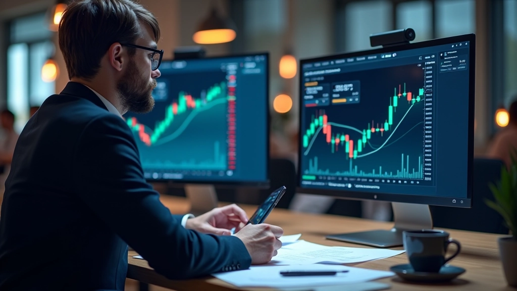 Kancelář analytika s počítači, grafů a ekonomickými zprávami na stole