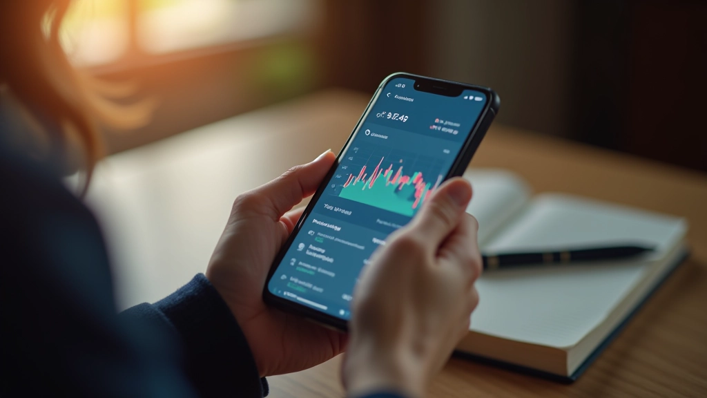 Moderní bankovní aplikace na displeji smartphonu s grafy a statistikami