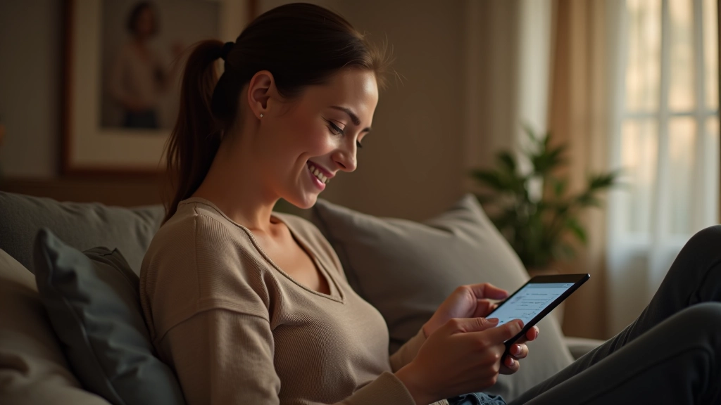 Žena se usmívá při používání bankovní aplikace na tabletu v pohodlném domácím prostředí