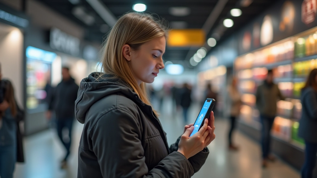 Žena používající biometrické ověření na smartphone pro platbu v obchodě