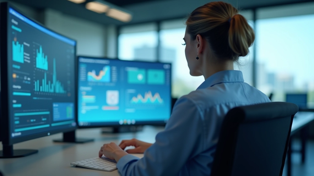 Pracovníci v moderní kancelář čtou data o digitalizaci bankovnictví z velkého displeje